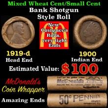 Lincoln Wheat Cent 1c Mixed Roll Orig Brandt McDonalds Wrapper, 1919-d end, 1900 Indian other end