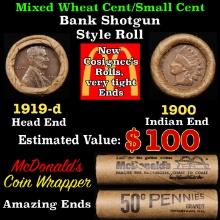 Lincoln Wheat Cent 1c Mixed Roll Orig Brandt McDonalds Wrapper, 1919-d end, 1900 Indian other end