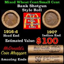 Lincoln Wheat Cent 1c Mixed Roll Orig Brandt McDonalds Wrapper, 1916-d end, 1907 Indian other end