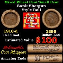 Lincoln Wheat Cent 1c Mixed Roll Orig Brandt McDonalds Wrapper, 1918-d end, 1896 Indian other end