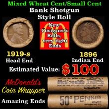 Lincoln Wheat Cent 1c Mixed Roll Orig Brandt McDonalds Wrapper, 1919-s end, 1896 Indian other end