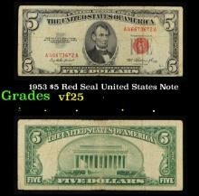 1953 $5 Red Seal United States Note Grades vf+