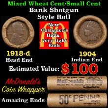 Lincoln Wheat Cent 1c Mixed Roll Orig Brandt McDonalds Wrapper, 1918-d end, 1904 Indian other end