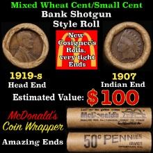 Lincoln Wheat Cent 1c Mixed Roll Orig Brandt McDonalds Wrapper, 1919-d end, 1907 Indian other end