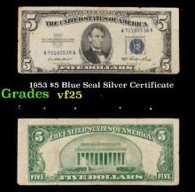 1953 $5 Blue Seal Silver Certificate Grades vf+