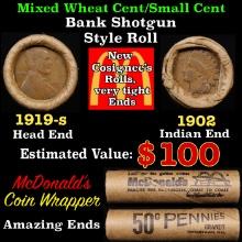 Small Cent Mixed Roll Orig Brandt McDonalds Wrapper, 1919-s Lincoln Wheat end, 1902 Indian other end