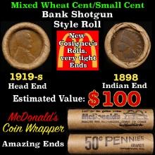 Small Cent Mixed Roll Orig Brandt McDonalds Wrapper, 1919-s Lincoln Wheat end, 1898 Indian other end