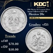 1906 Mexico 20 Centavos Silver Santos Collection KM# 435 Grades vf+