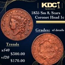 1835 Sm 8, Stars Coronet Head Large Cent 1c Grades xf details