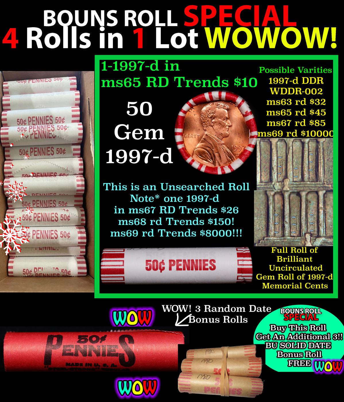 THIS AUCTION ONLY! BU Shotgun Lincoln 1c roll, 1997-p 50 pcs Plus one bonus random date BU roll! Ban