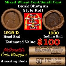 Small Cent Mixed Roll Orig Brandt McDonalds Wrapper, 1919-d Lincoln Wheat end, 1900 Indian other end