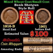 Small Cent Mixed Roll Orig Brandt McDonalds Wrapper, 1916-d Lincoln Wheat end, 1901 Indian other end