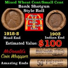 Small Cent Mixed Roll Orig Brandt McDonalds Wrapper, 1918-s Lincoln Wheat end, 1903 Indian other end