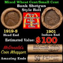 Small Cent Mixed Roll Orig Brandt McDonalds Wrapper, 1919-s Lincoln Wheat end, 1901 Indian other end