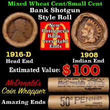 Small Cent Mixed Roll Orig Brandt McDonalds Wrapper, 1916-d Lincoln Wheat end, 1908 Indian other end
