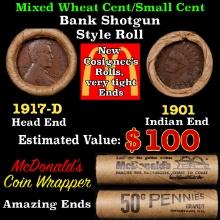 Small Cent Mixed Roll Orig Brandt McDonalds Wrapper, 1917-d Lincoln Wheat end, 1901 Indian other end