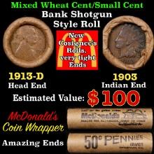 Small Cent Mixed Roll Orig Brandt McDonalds Wrapper, 1913-d Lincoln Wheat end, 1903 Indian other end