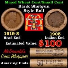 Small Cent Mixed Roll Orig Brandt McDonalds Wrapper, 1919-s Lincoln Wheat end, 1903 Indian other end