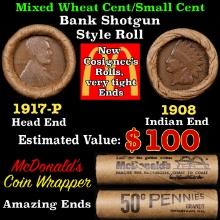 Small Cent Mixed Roll Orig Brandt McDonalds Wrapper, 1917-p Lincoln Wheat end, 1908 Indian other end