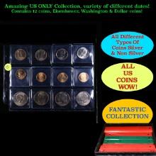 Great Page of 12 US Coins 4x Kennedy Half Dollars, 4x Dollar Coins $1, & 4x Eisenhower $1's