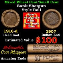 Lincoln Wheat Cent 1c Mixed Roll Orig Brandt McDonalds Wrapper, 1916-d end, 1907 Indian other end