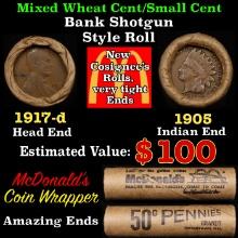 Lincoln Wheat Cent 1c Mixed Roll Orig Brandt McDonalds Wrapper, 1917-d end, 1905 Indian other end