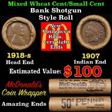 Lincoln Wheat Cent 1c Mixed Roll Orig Brandt McDonalds Wrapper, 1918-d end, 1907 Indian other end