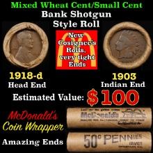 Lincoln Wheat Cent 1c Mixed Roll Orig Brandt McDonalds Wrapper, 1918-d end, 1903 Indian other end