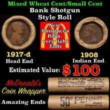 Small Cent Mixed Roll Orig Brandt McDonalds Wrapper, 1917-d Lincoln Wheat end, 1908 Indian other end