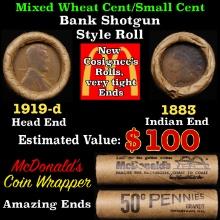 Small Cent Mixed Roll Orig Brandt McDonalds Wrapper, 1919-d Lincoln Wheat end, 1883 Indian other end