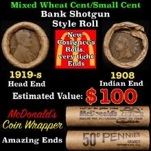 Small Cent Mixed Roll Orig Brandt McDonalds Wrapper, 1919-s Lincoln Wheat end, 1908 Indian other end