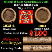 Small Cent Mixed Roll Orig Brandt McDonalds Wrapper, 1912-d Lincoln Wheat end, 1904 Indian other end