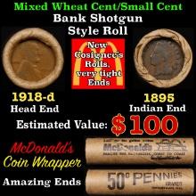 Small Cent Mixed Roll Orig Brandt McDonalds Wrapper, 1918-d Lincoln Wheat end, 1895 Indian other end