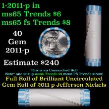 BU Shotgun Jefferson 5c roll, 2011-p 40 pcs Bank $2 Nickel Wrapper