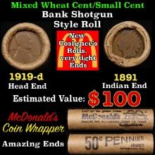 Small Cent Mixed Roll Orig Brandt McDonalds Wrapper, 1919-d Lincoln Wheat end, 1891 Indian other end