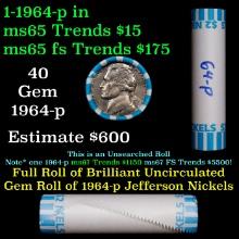 BU Shotgun Jefferson 5c roll, 1964-p 40 pcs Bank $2 Nickel Wrapper