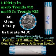 BU Shotgun Jefferson 5c roll, 1994-p 40 pcs Bank $2 Nickel Wrapper