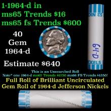 BU Shotgun Jefferson 5c roll, 1964-d 40 pcs Bank $2 Nickel Wrapper