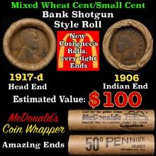 Small Cent Mixed Roll Orig Brandt McDonalds Wrapper, 1917-d Lincoln Wheat end, 1906 Indian other end
