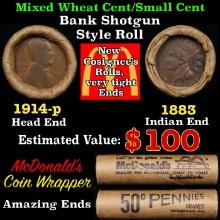 Small Cent Mixed Roll Orig Brandt McDonalds Wrapper, 1914-p Lincoln Wheat end, 1883 Indian other end