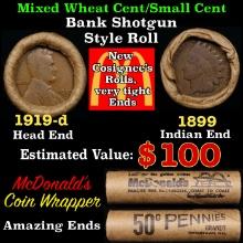 Small Cent Mixed Roll Orig Brandt McDonalds Wrapper, 1919-d Lincoln Wheat end, 1899 Indian other end
