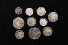 Group of 10 Coins, Cuba 20 Centavos, Seated Liberty 25c, 1/4 Bolivar, Sixpence, Others