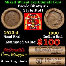 Small Cent Mixed Roll Orig Brandt McDonalds Wrapper, 1913-d Lincoln Wheat end, 1900 Indian other end
