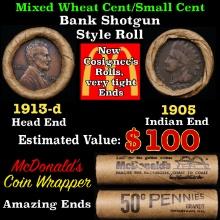 Small Cent Mixed Roll Orig Brandt McDonalds Wrapper, 1913-d Lincoln Wheat end, 1905 Indian other end