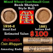 Small Cent Mixed Roll Orig Brandt McDonalds Wrapper, 1916-d Lincoln Wheat end, 1881 Indian other end