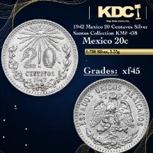 1942 Mexico 20 Centavos Silver Santos Collection KM# 438 Grades xf+