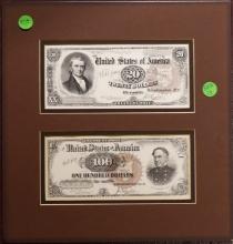Framed Intaglio $20 and $100 U.S. Treasury Notes