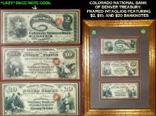 Colorado National Bank of Denver Treasury: Framed Intaglios Featuring $2, $10, and $20 Banknotes