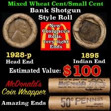 Small Cent Mixed Roll Orig Brandt McDonalds Wrapper, 1928-p Lincoln Wheat end, 1895 Indian other end
