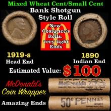 Small Cent Mixed Roll Orig Brandt McDonalds Wrapper, 1919-s Lincoln Wheat end, 1890 Indian other end